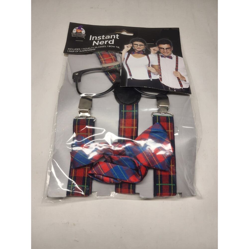 Happy Halloween Instant Nerd Costume Includes Glasses Bow Tie Suspenders New!